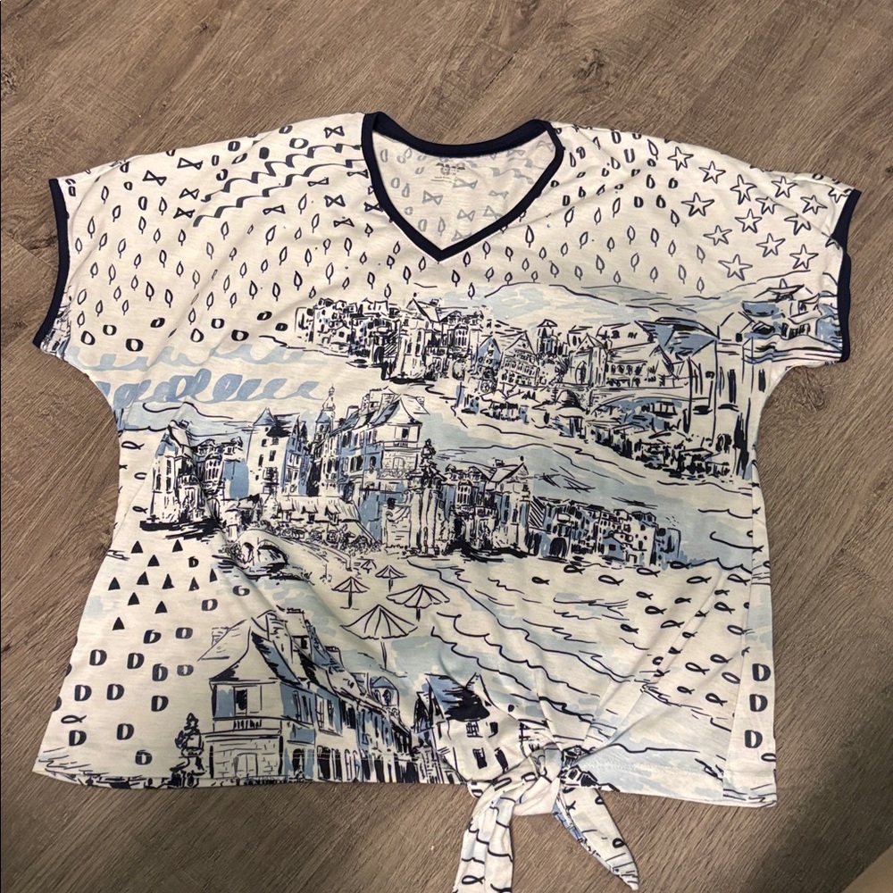 Alia Navy and White Patterned Top with rhinestones